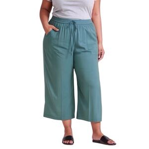 Adrianna Papell Green Satin Wide Leg Crop Elastic Tie Waist Pants Size 2X